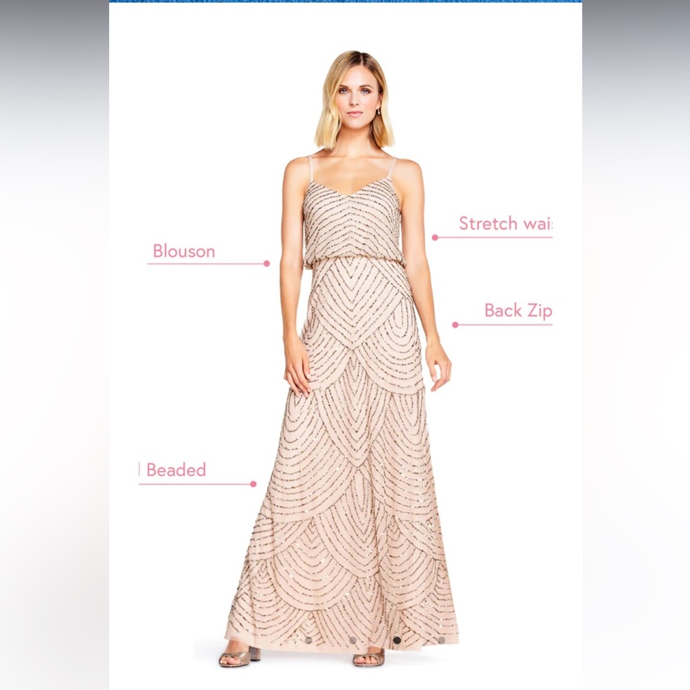ADRIANNA PAPELL ART DECO BEADED BLOUSON GOWN IN TAUPE PINK SIZE 16 - Picture 4 of 17